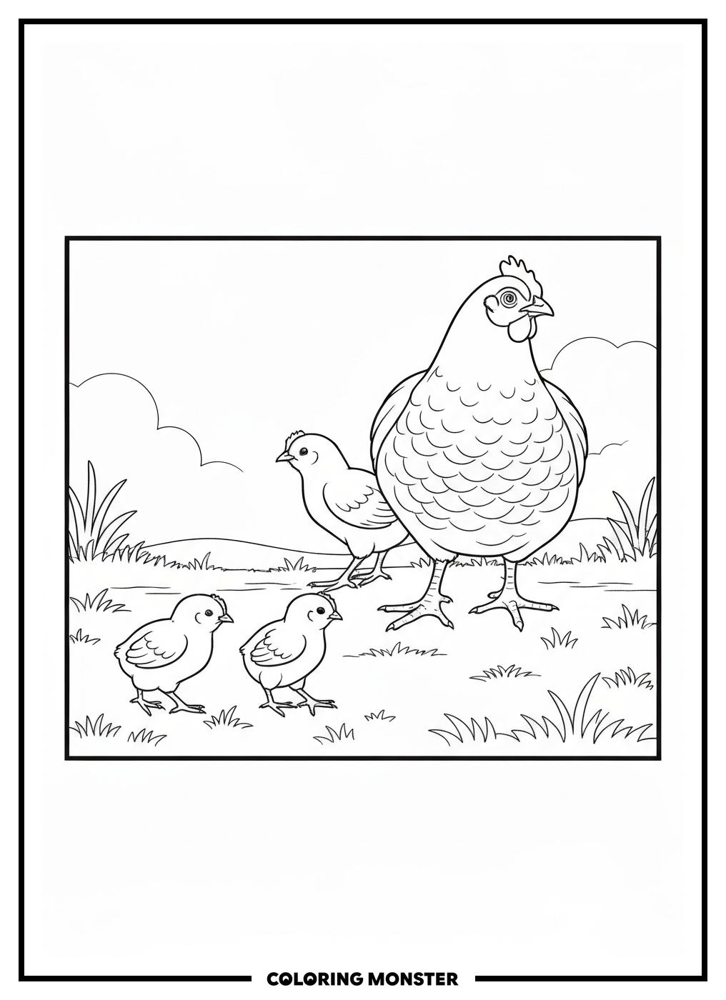 Baby Chicks Following A Mama Hen Coloring Page
