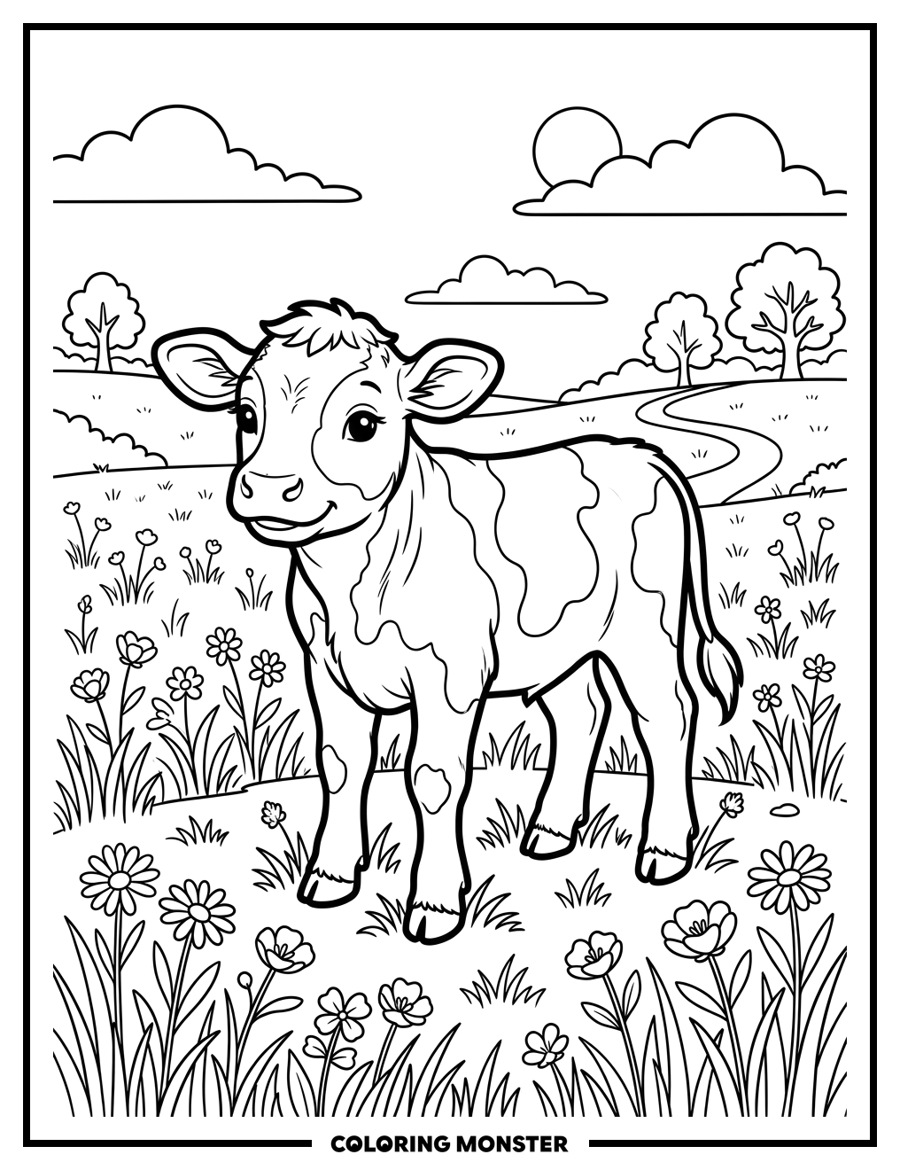Baby Cow in Sunny Meadow Coloring Page