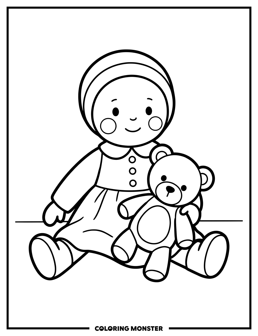 Baby Doll Holding Teddy Bear Coloring Page