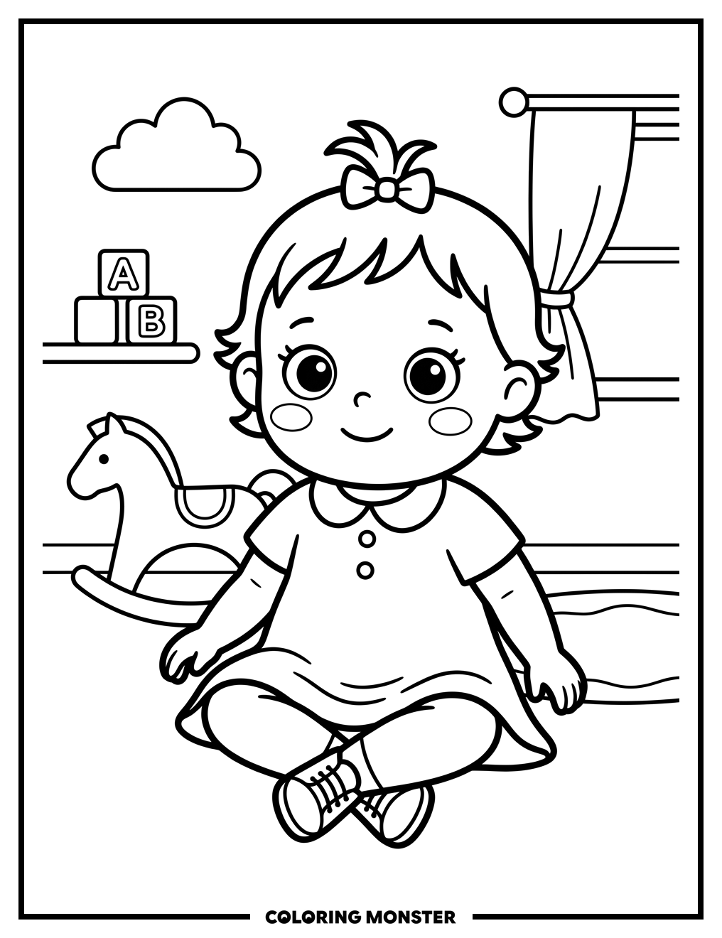 Baby Doll Sitting on Nursery Floor Coloring Page