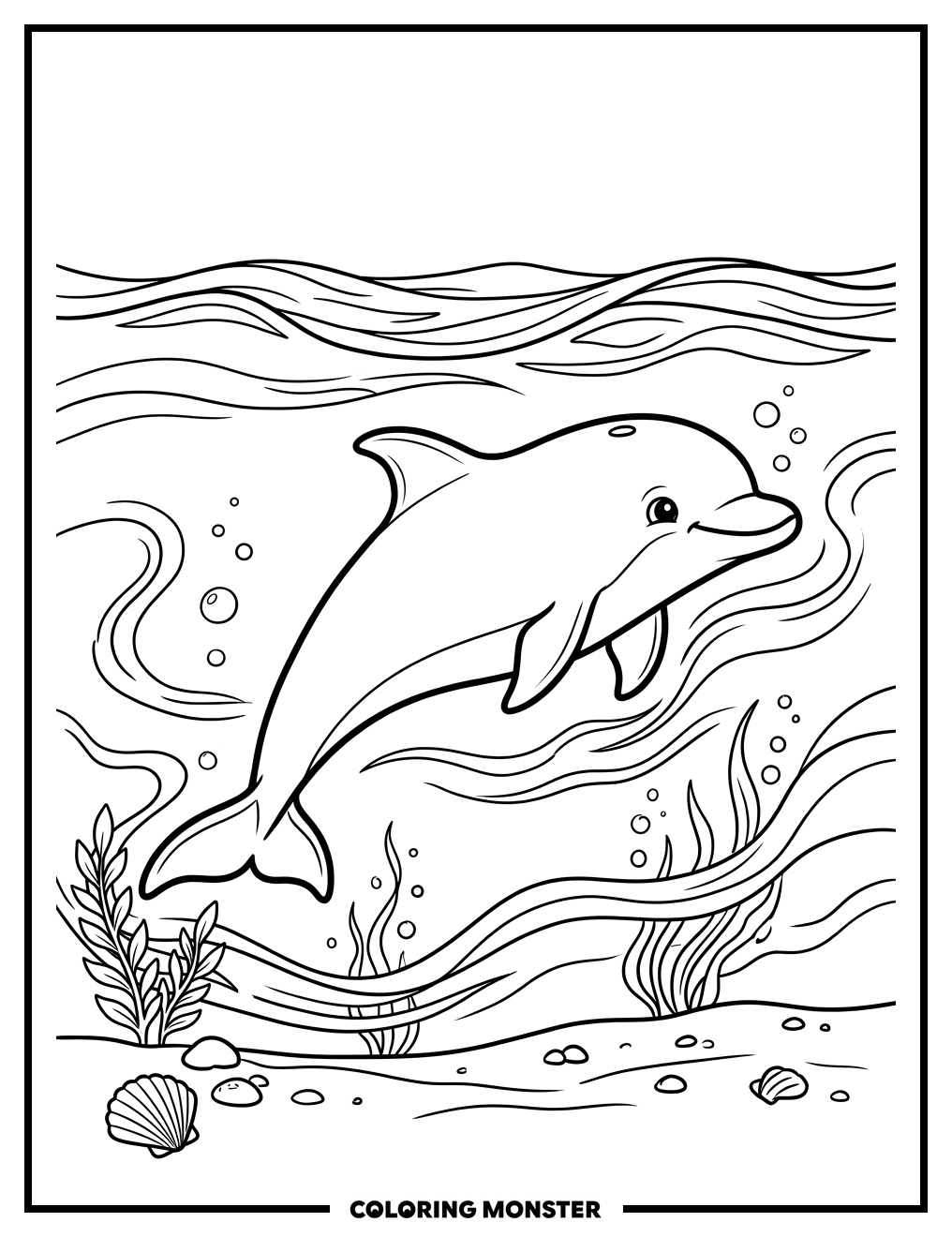 Baby Dolphin Swimming in Blue Water Coloring Page