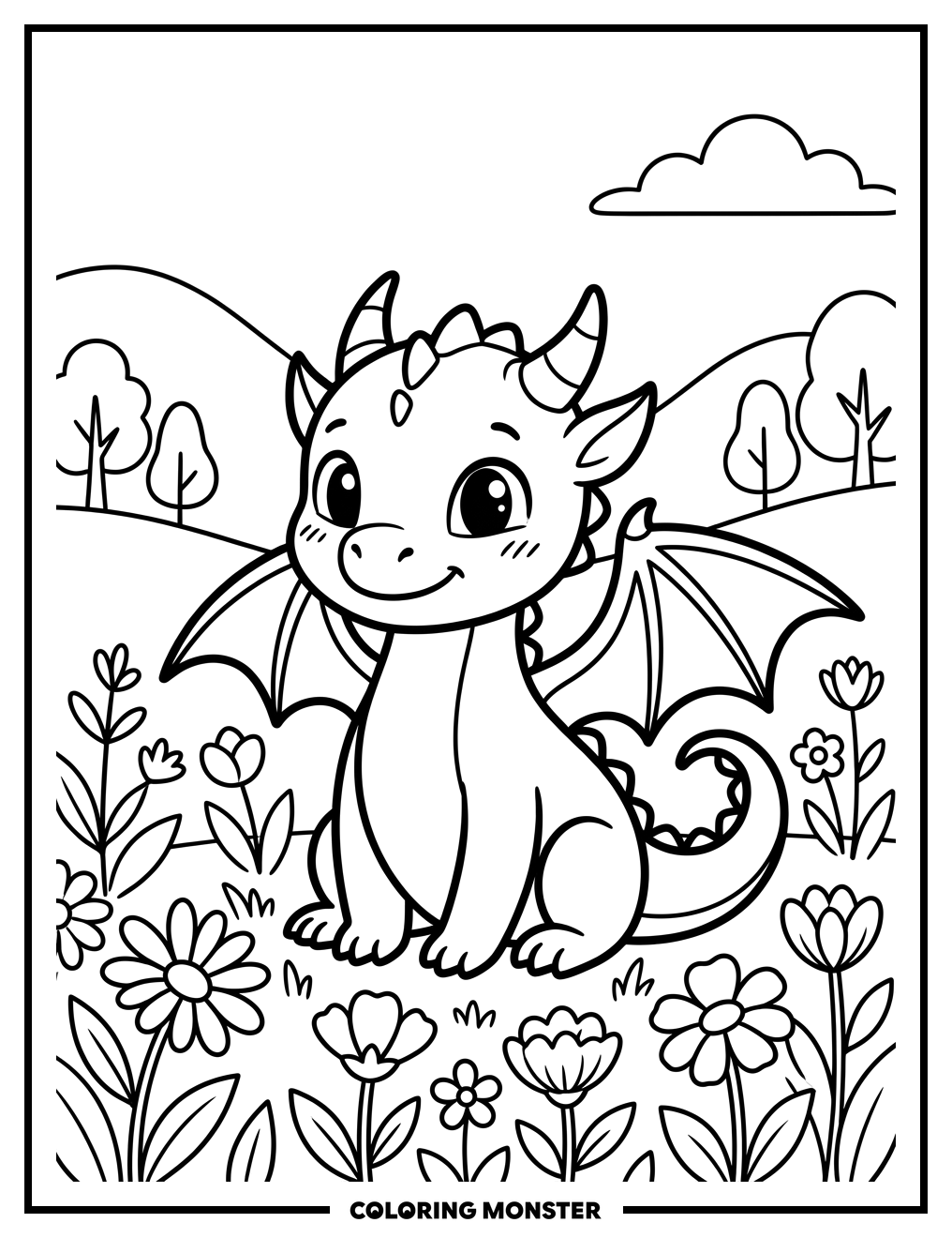 Baby Dragon Among Flowers Coloring Page