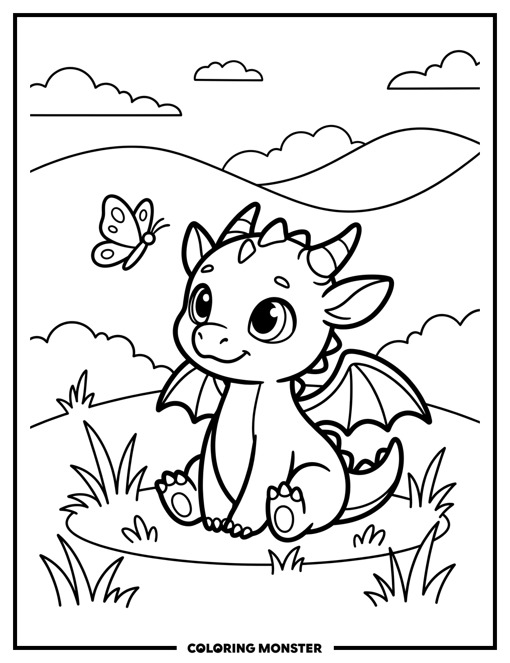 Baby Dragon and Butterfly Coloring Page