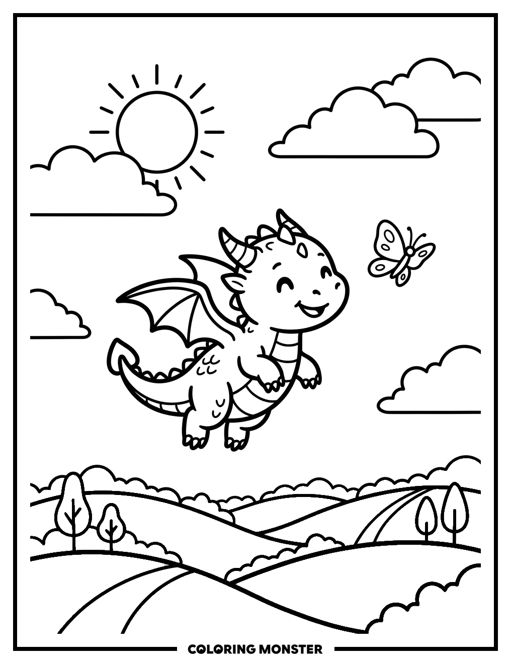 Baby Dragon Chasing Butterfly Coloring Page