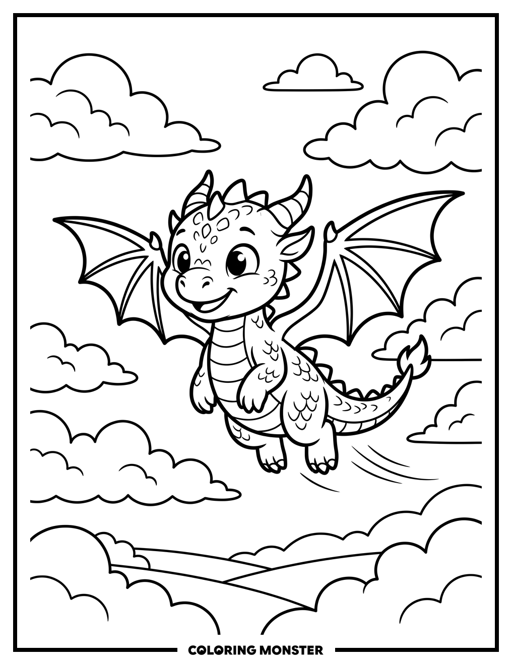 Baby Dragon Flying Among Clouds Coloring Page