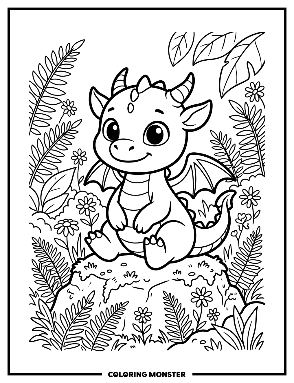 Baby Dragon on Mossy Rock Coloring Page
