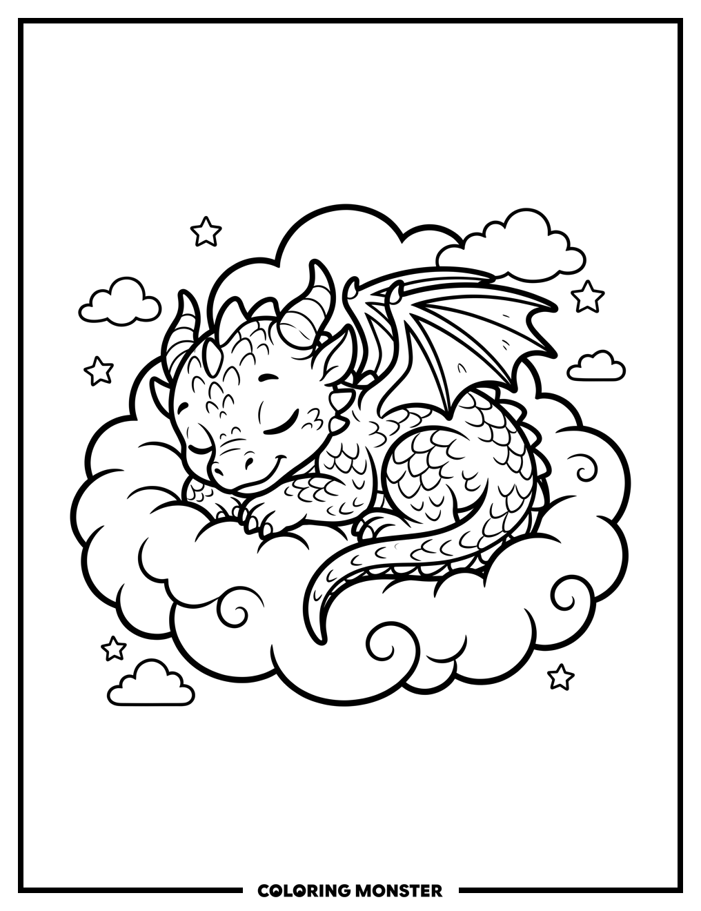 Baby Dragon Sleeping on a Cloud Coloring Page