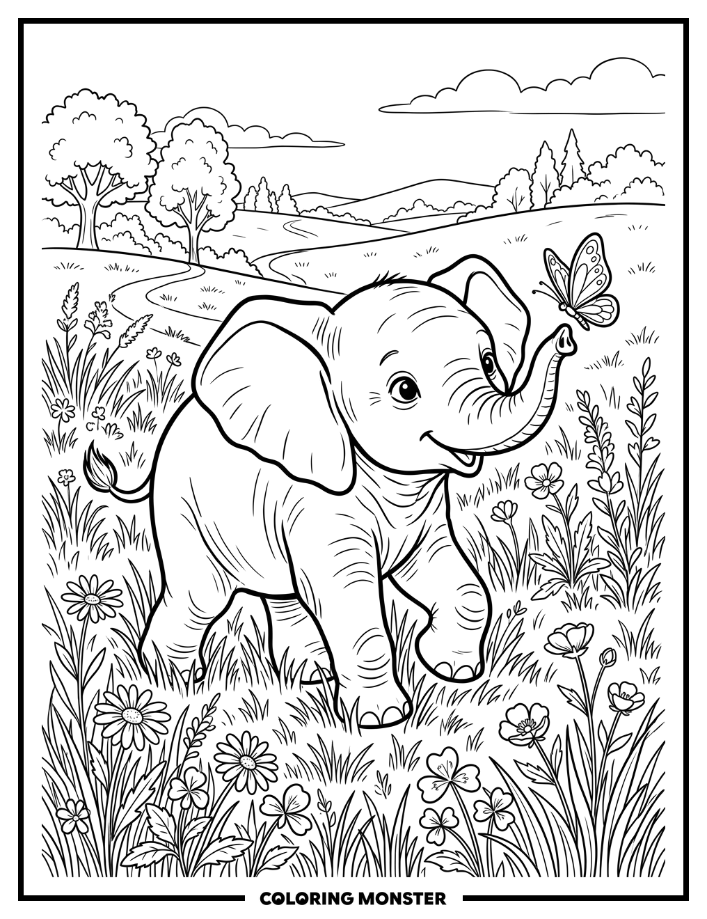 Baby Elephant and Butterfly Coloring Page