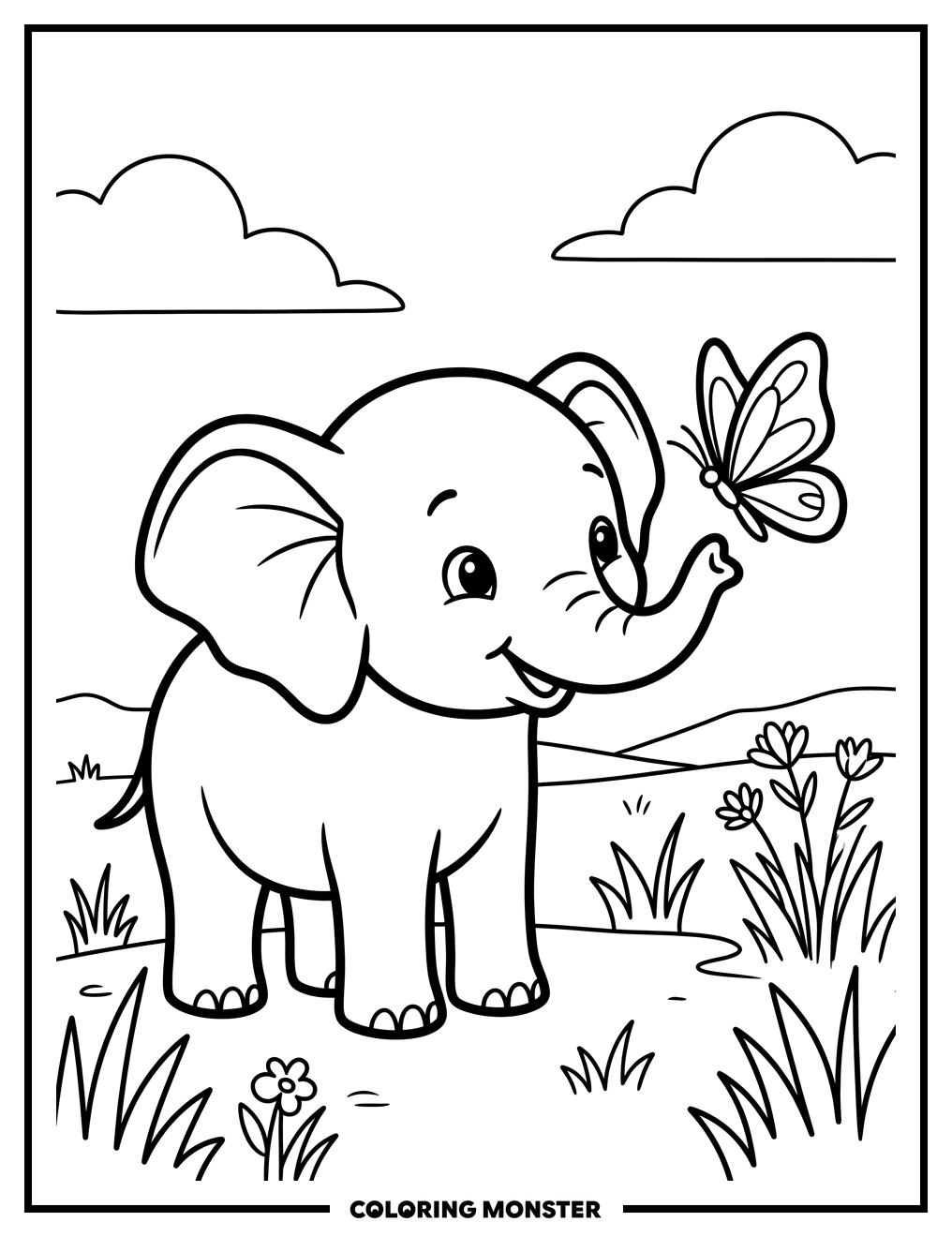 Baby Elephant and Butterfly Coloring Page