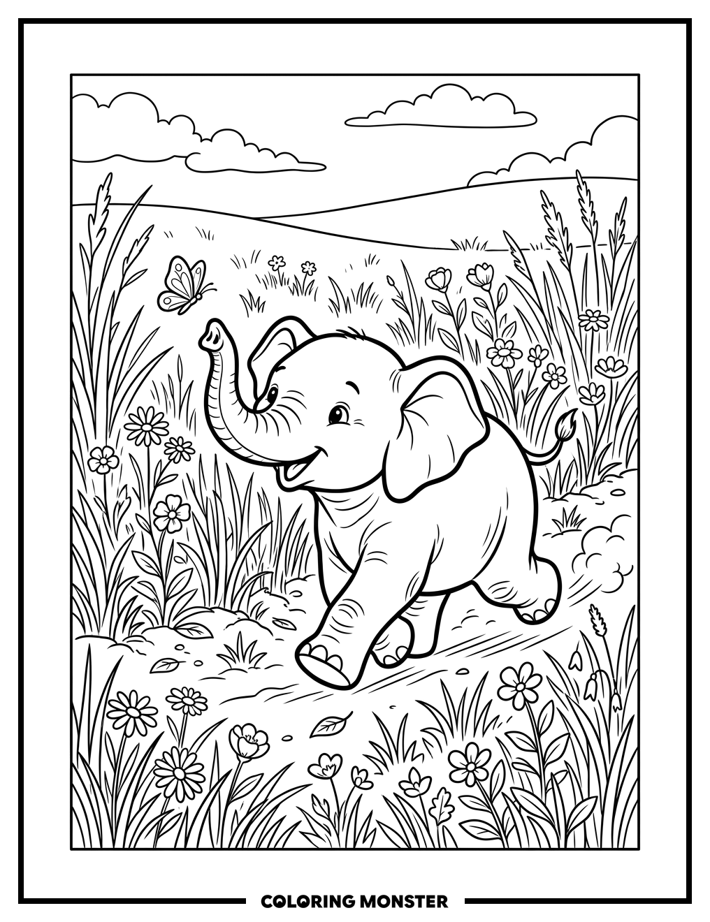 Baby Elephant Chasing Butterfly Coloring Page