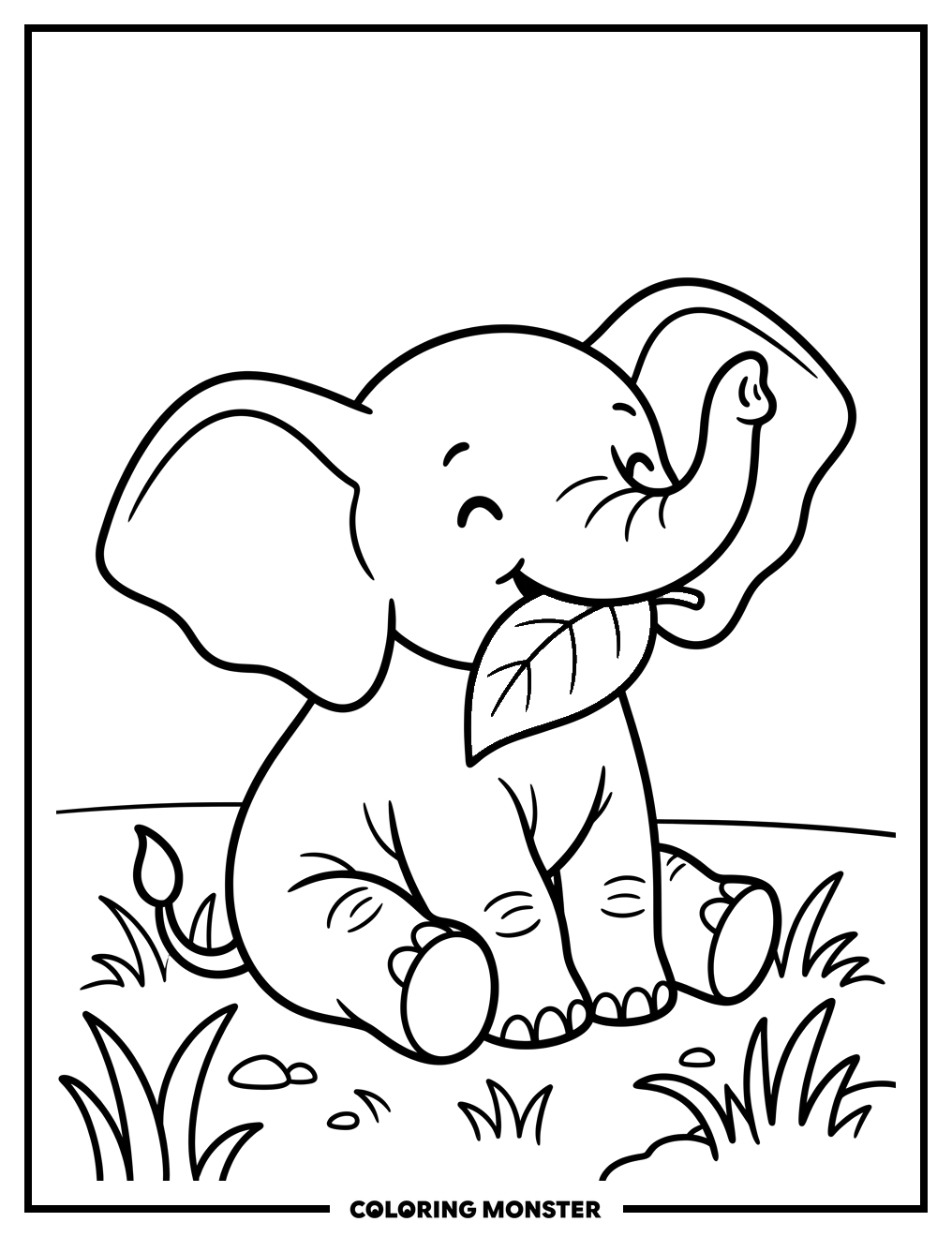 Baby Elephant Eating a Leaf Coloring Page