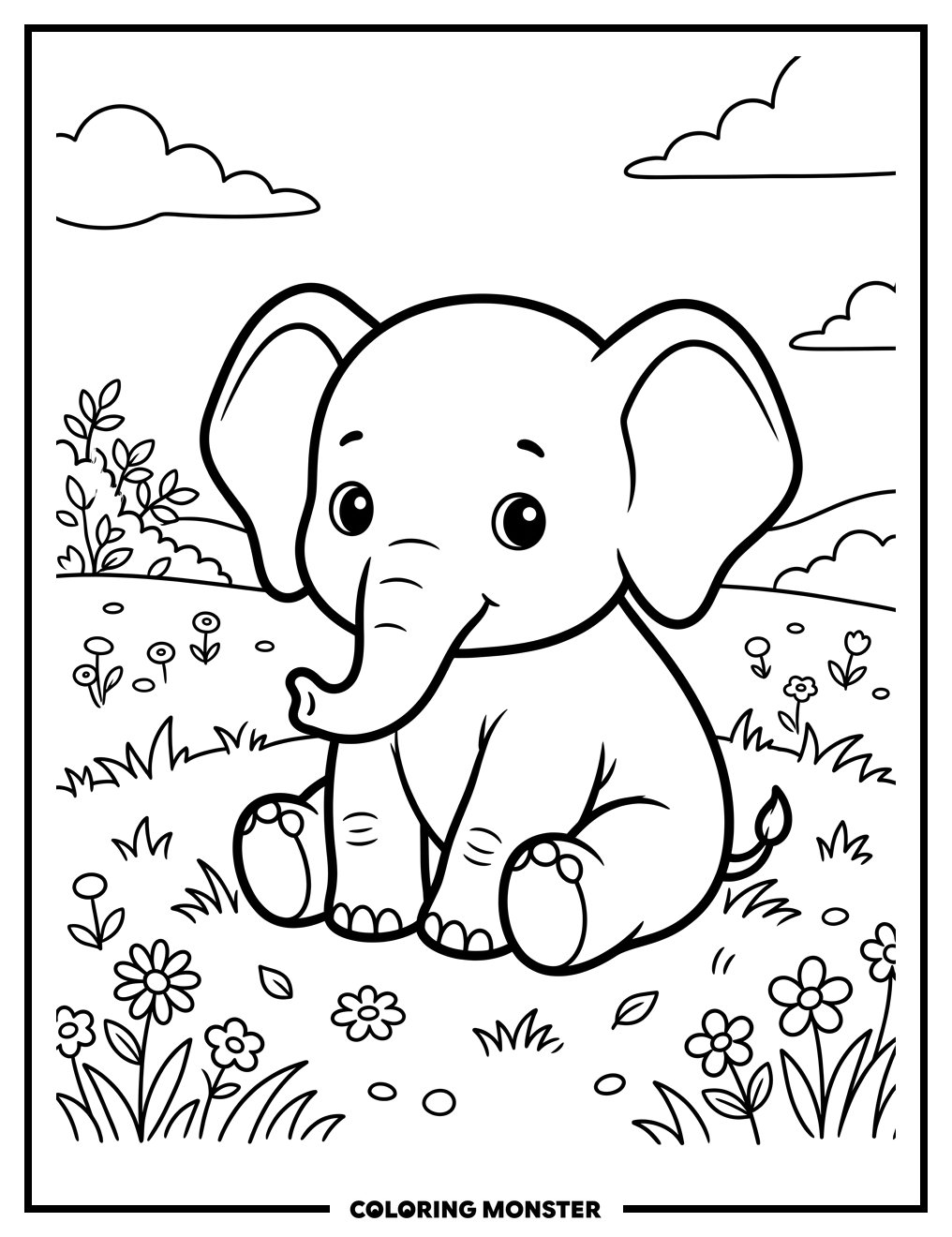 Baby Elephant in Meadow Coloring Page