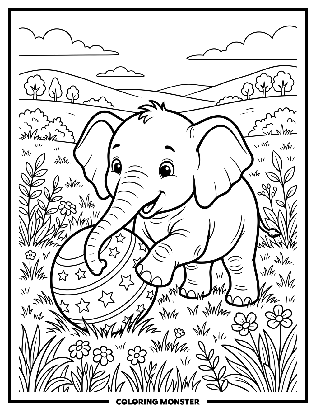 Baby Elephant Plays With Ball Coloring Page