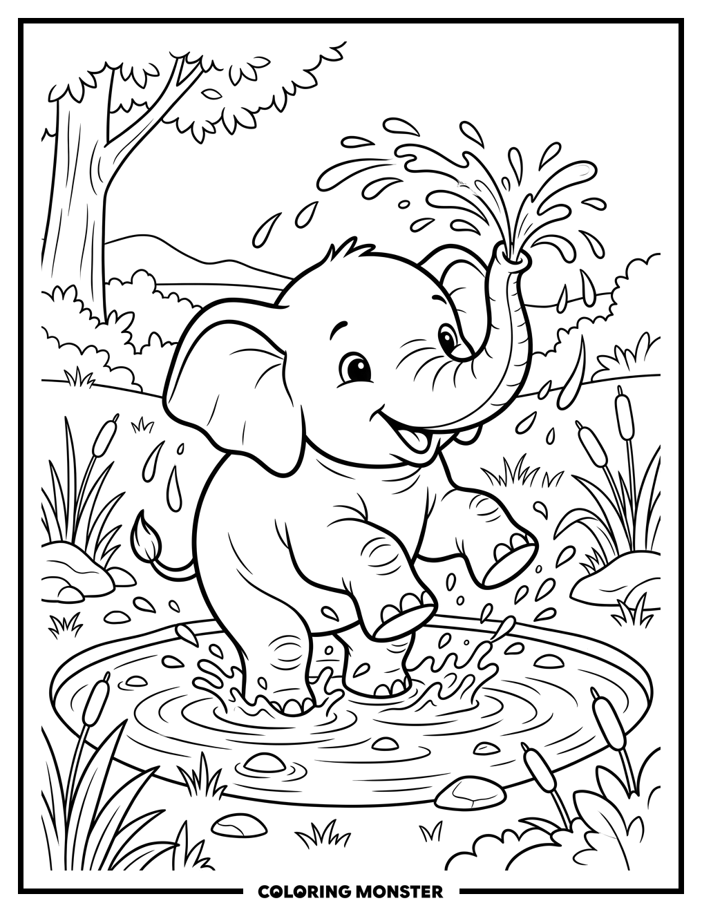 Baby Elephant Splashing in Puddle Coloring Page
