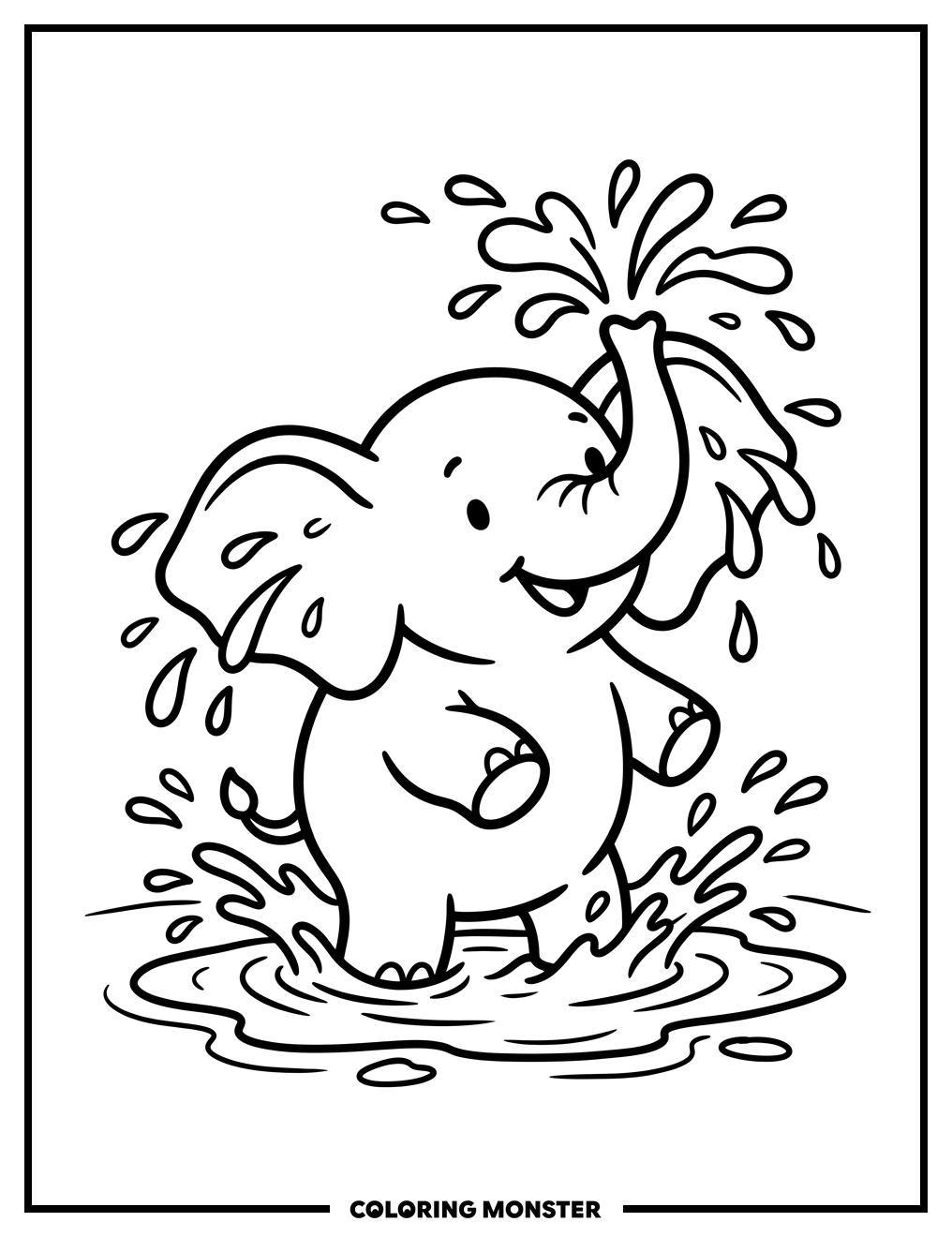 Baby Elephant Splashing in Puddle Coloring Page