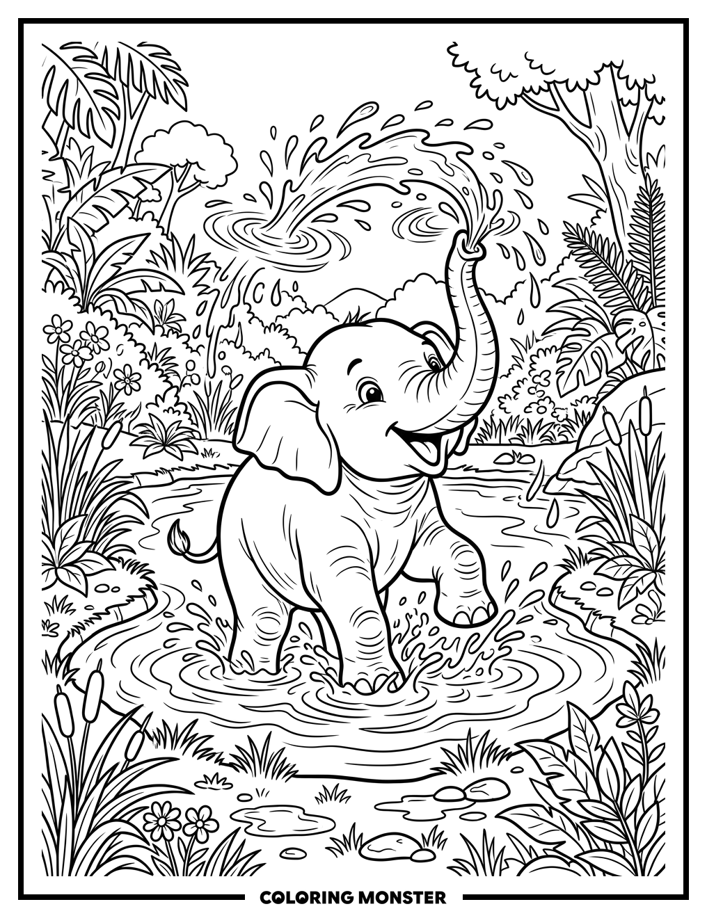 Baby Elephant Splashing Water Coloring Page