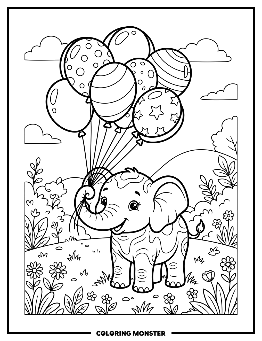 Baby Elephant With Balloons Coloring Page