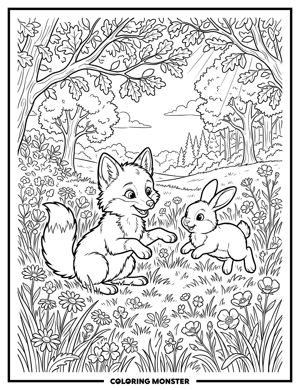 Baby Fox and Bunny in Meadow Coloring Page