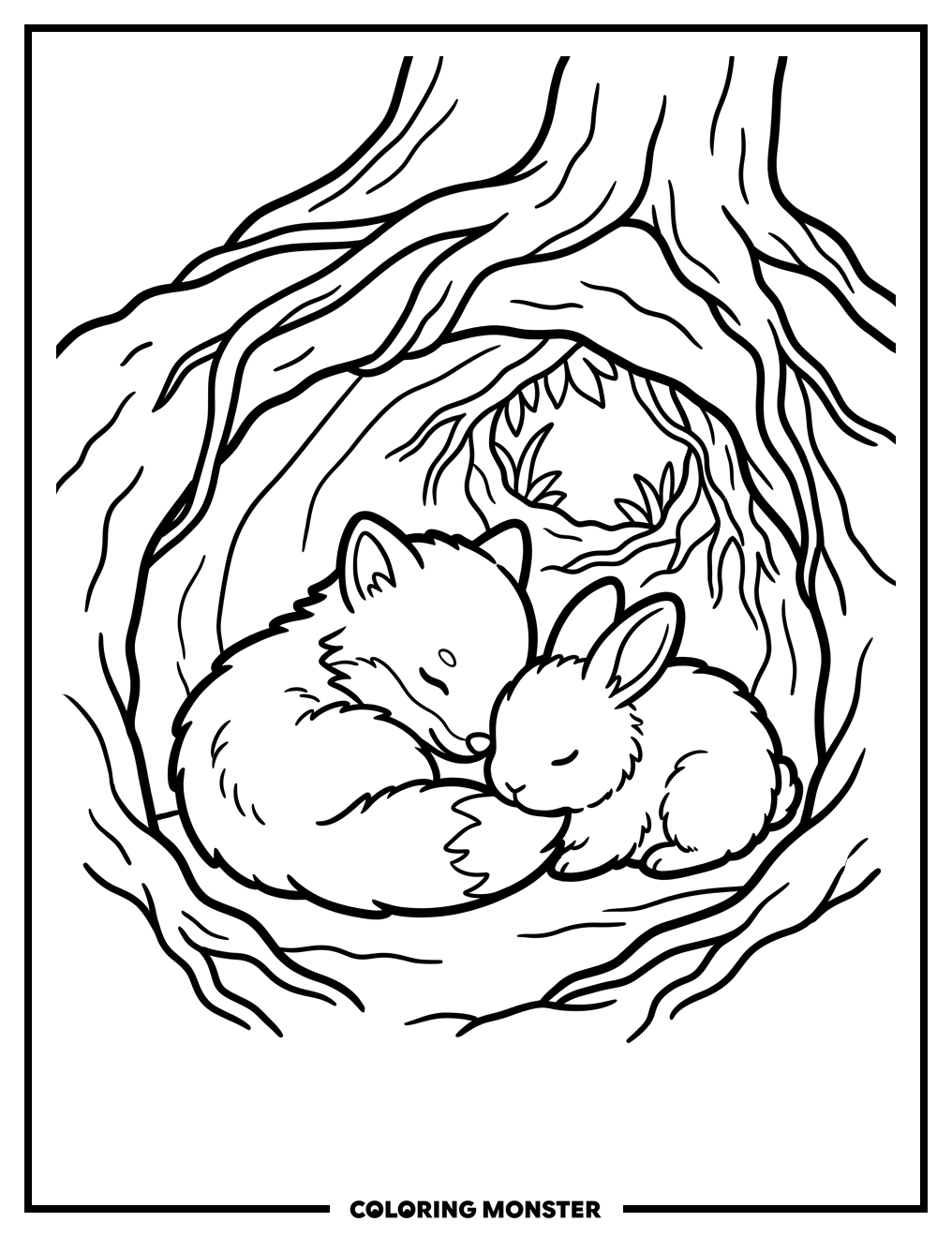 Baby Fox and Rabbit Snuggle Coloring Page