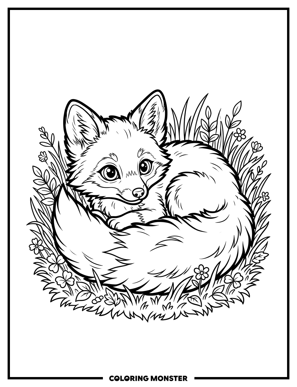 Baby Fox Curled in Grass Coloring Page