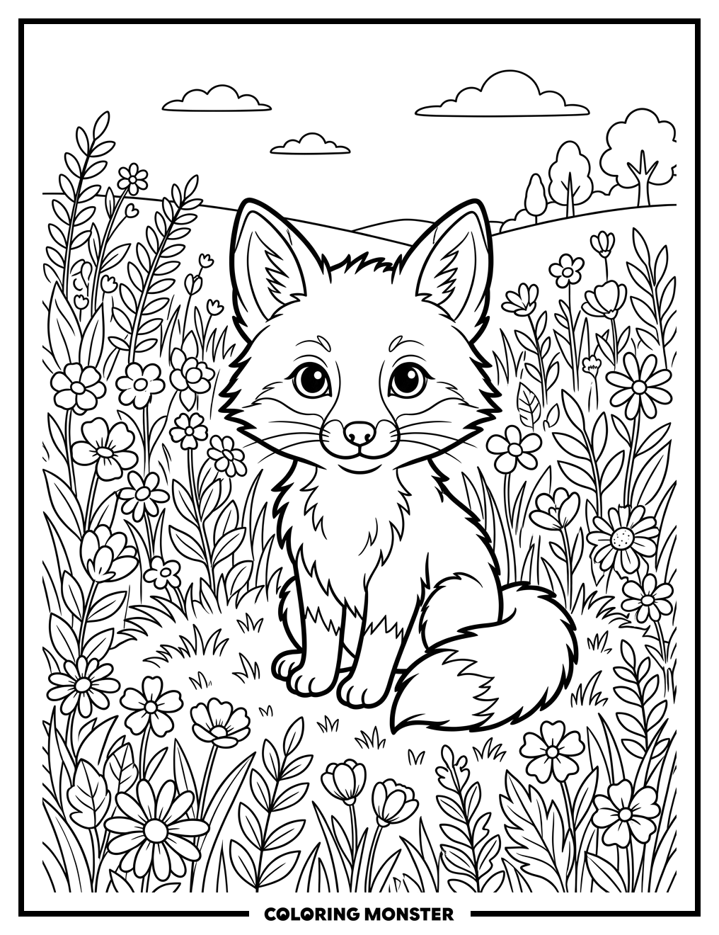 Baby Fox in a Flower Meadow Coloring Page