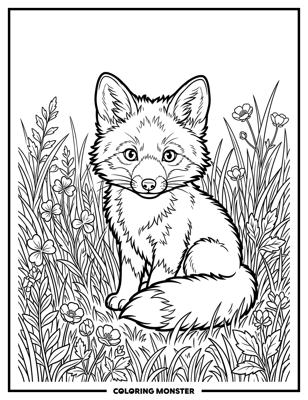 Baby Fox in Lush Grass Coloring Page