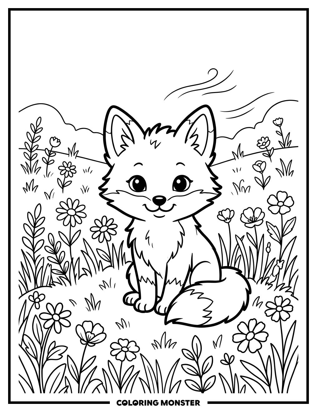 Baby Fox in Wildflower Meadow Coloring Page