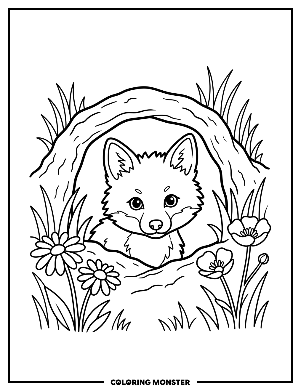Baby Fox Peeking From Den Coloring Page