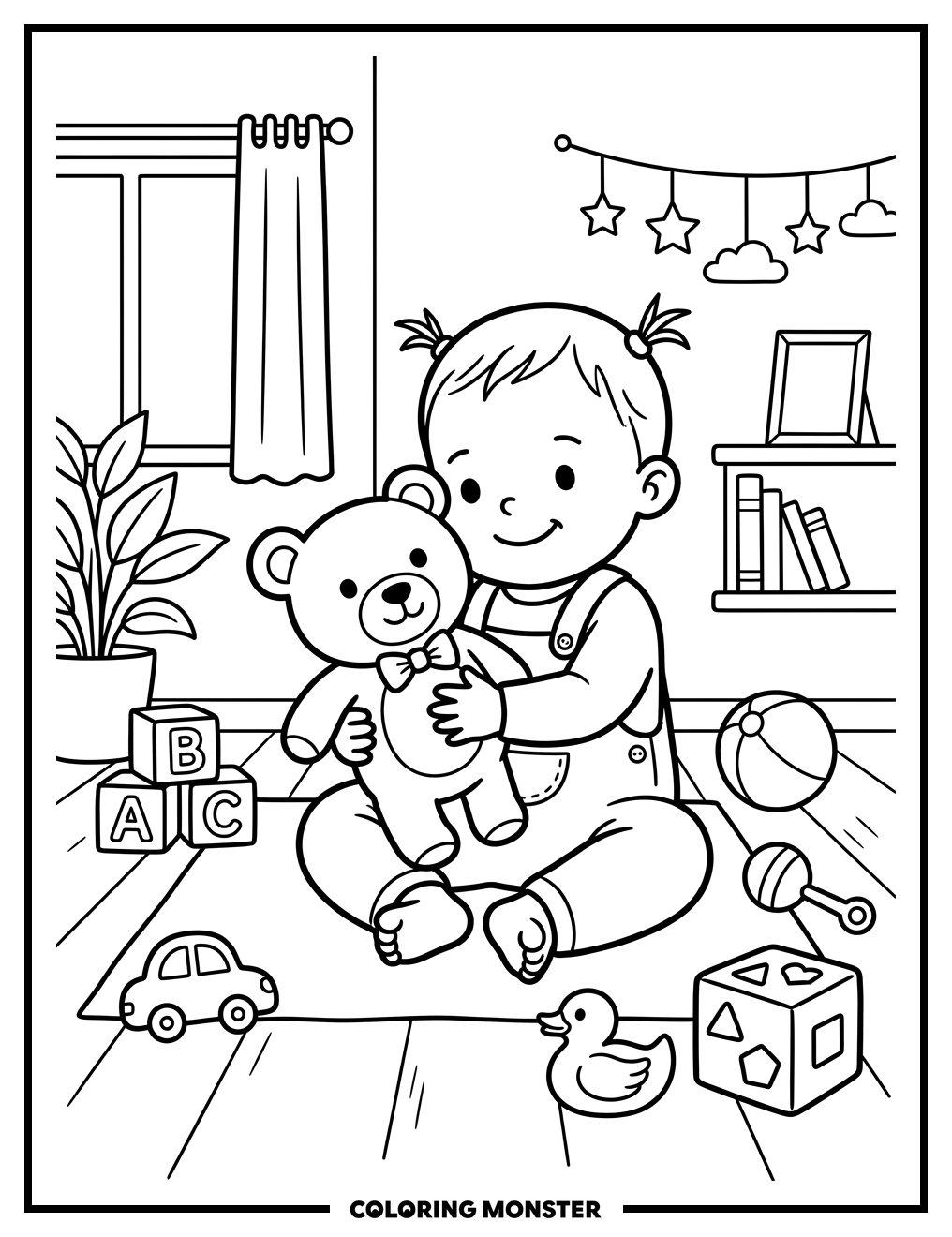 Baby Girl Hugging Teddy Bear Coloring Page