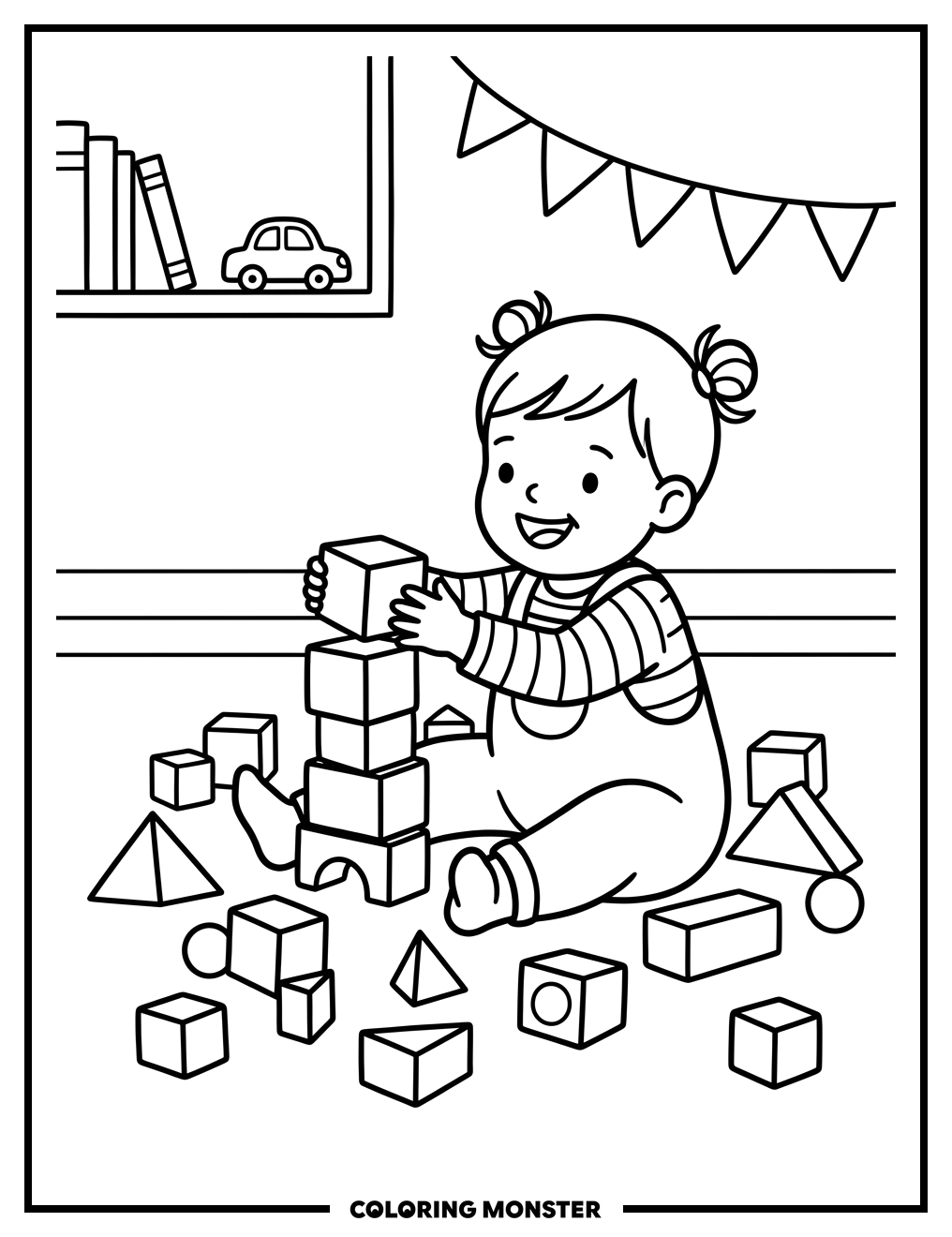 Baby Girl Stacking Blocks Coloring Page
