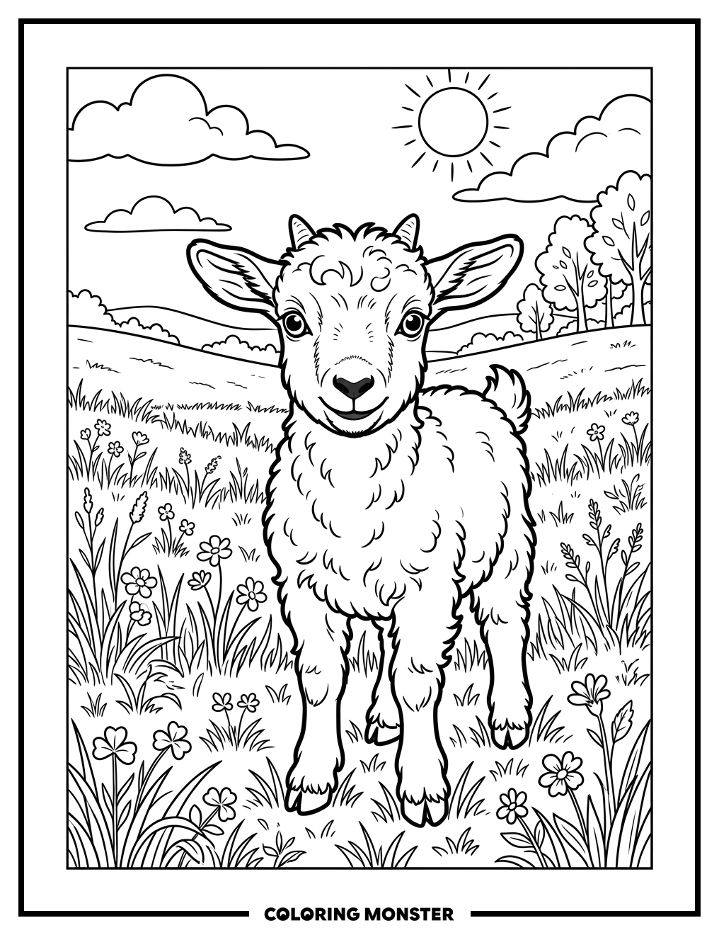 Baby Goat in Grassy Field Coloring Page