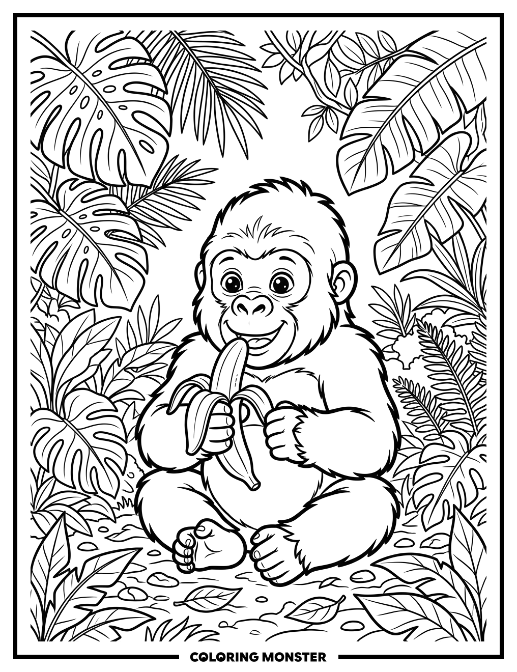 Baby Gorilla Eating Banana Coloring Page