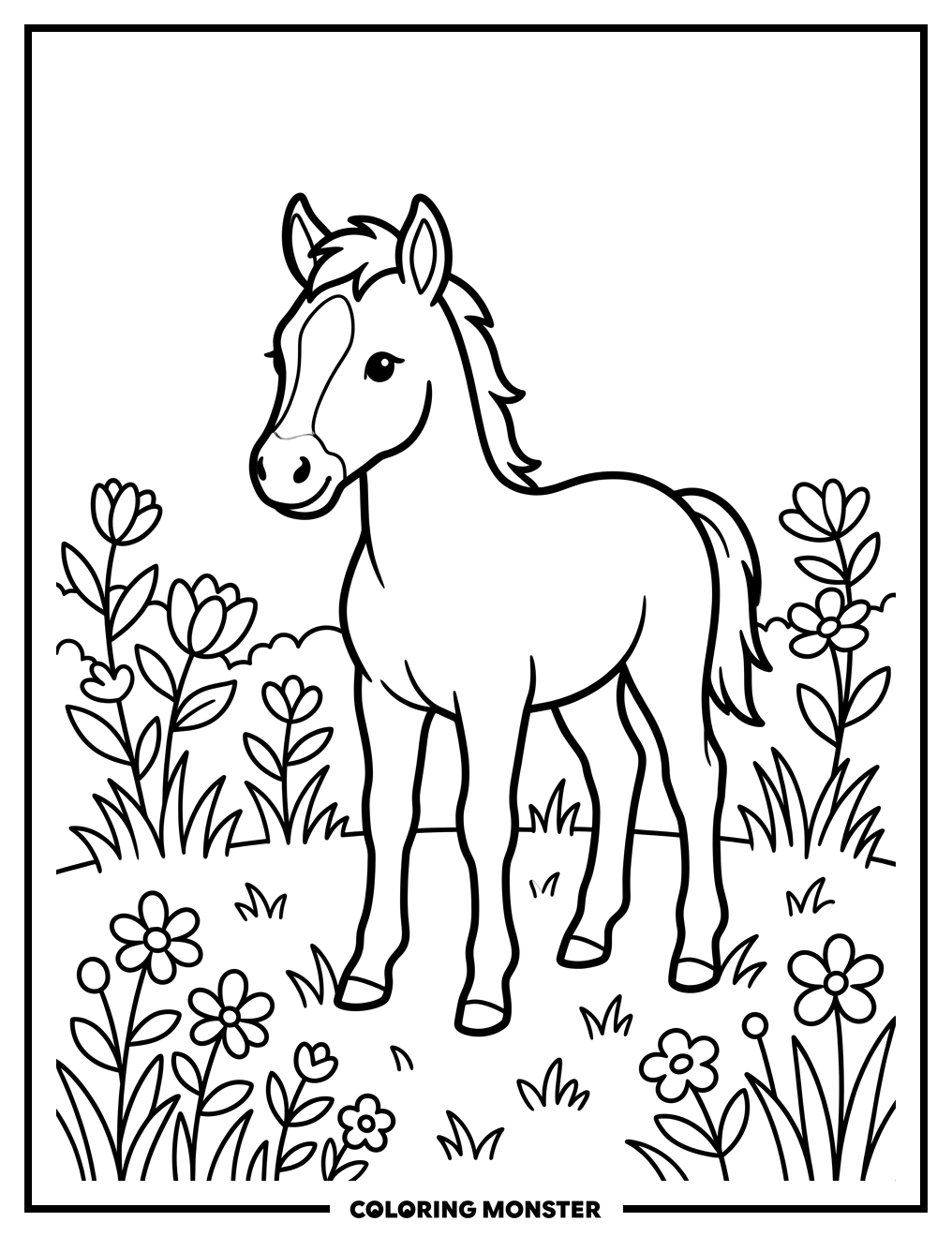 Baby Horse in a Wildflower Meadow Coloring Page