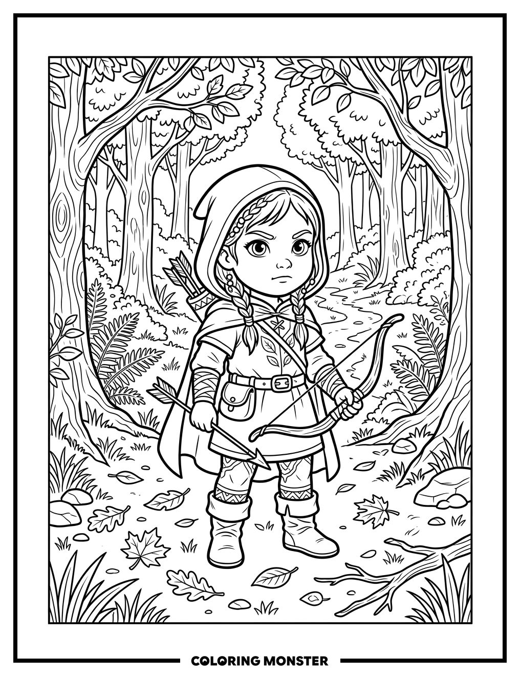 Baby Huntress in Forest Clearing Coloring Page