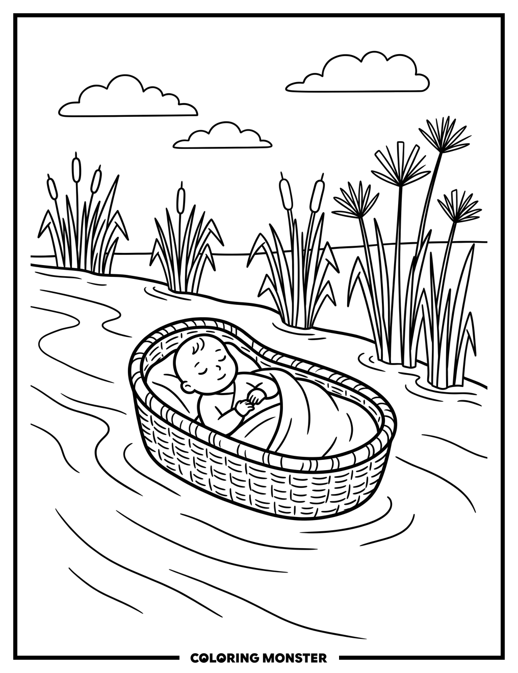 Baby in a Basket Boat Coloring Page