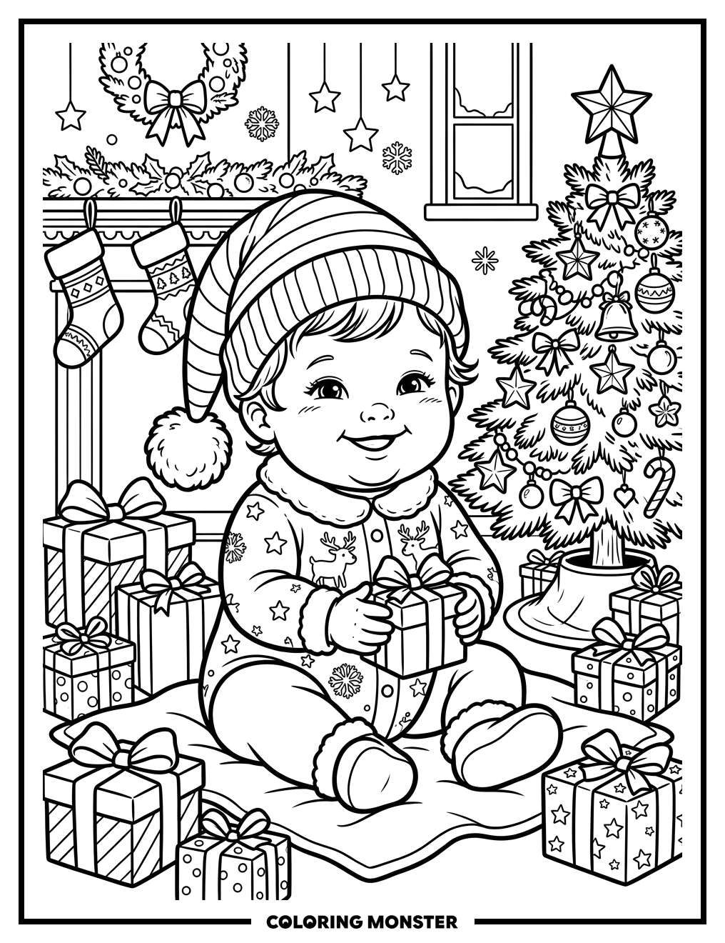 Baby In Santa Hat With Christmas Presents Coloring Page