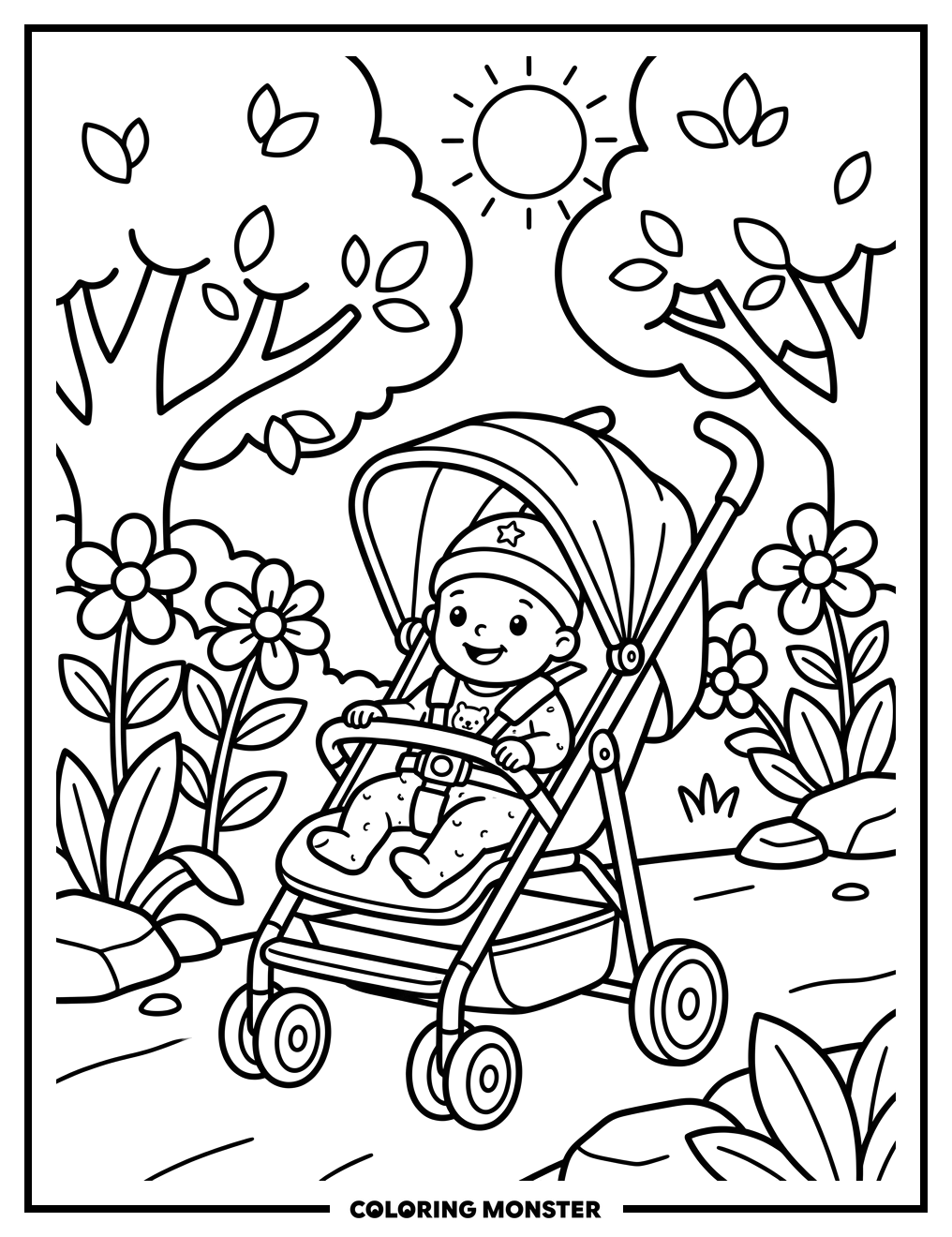 Baby in Stroller in Park Coloring Page