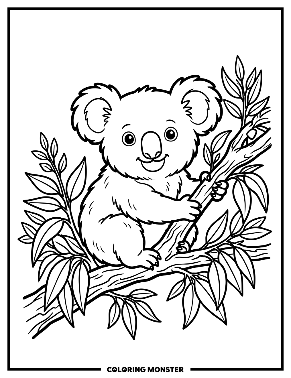Baby Koala on Eucalyptus Branch Coloring Page
