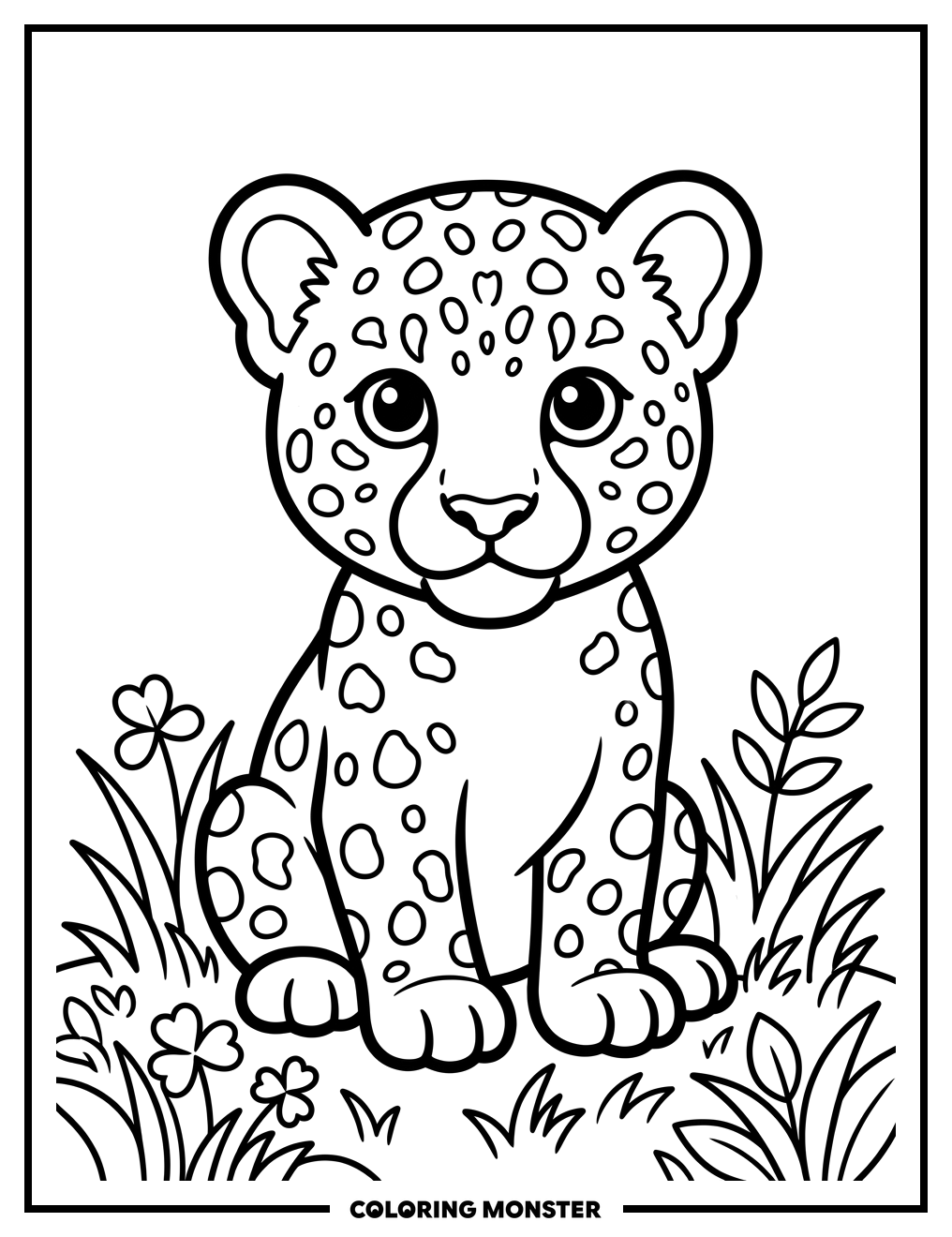 Baby Leopard Cub in Grass Coloring Page