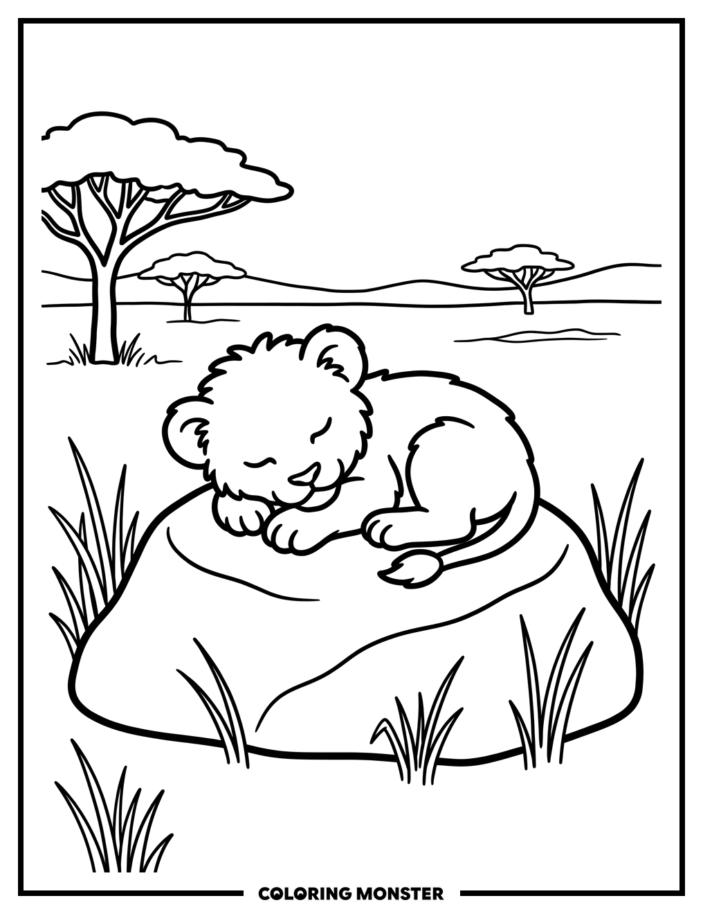 Baby Lion Cub Sleeping on Rock Coloring Page
