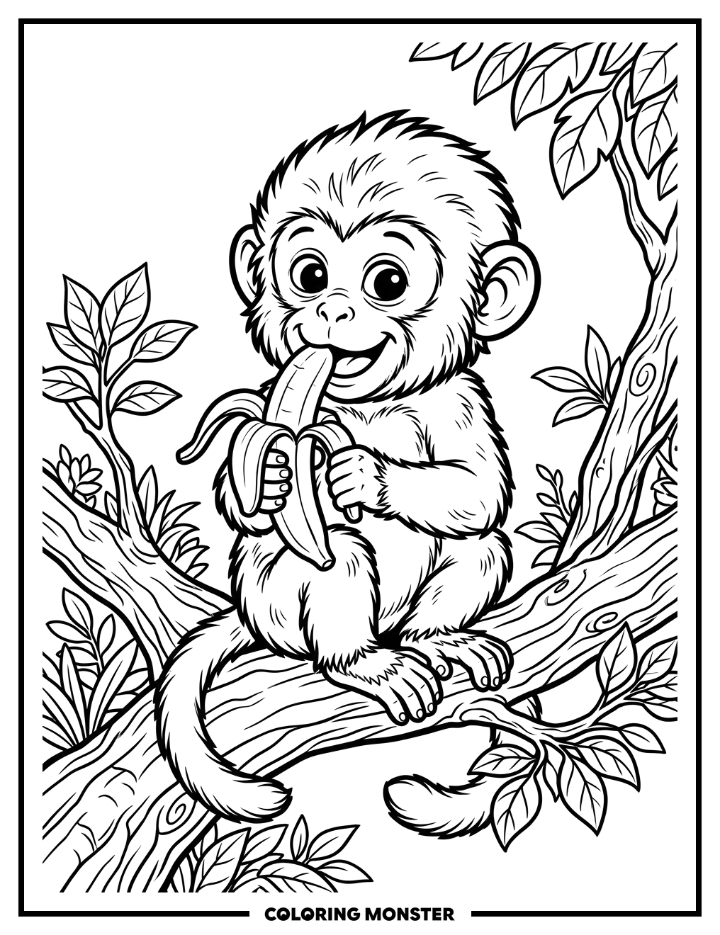 Baby Monkey Eating Banana Coloring Page