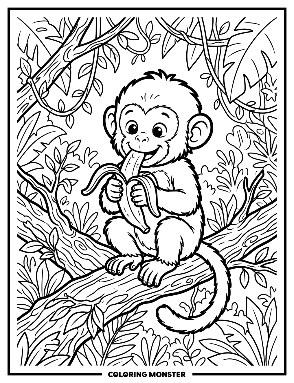 Baby Monkey Eating Banana Coloring Page
