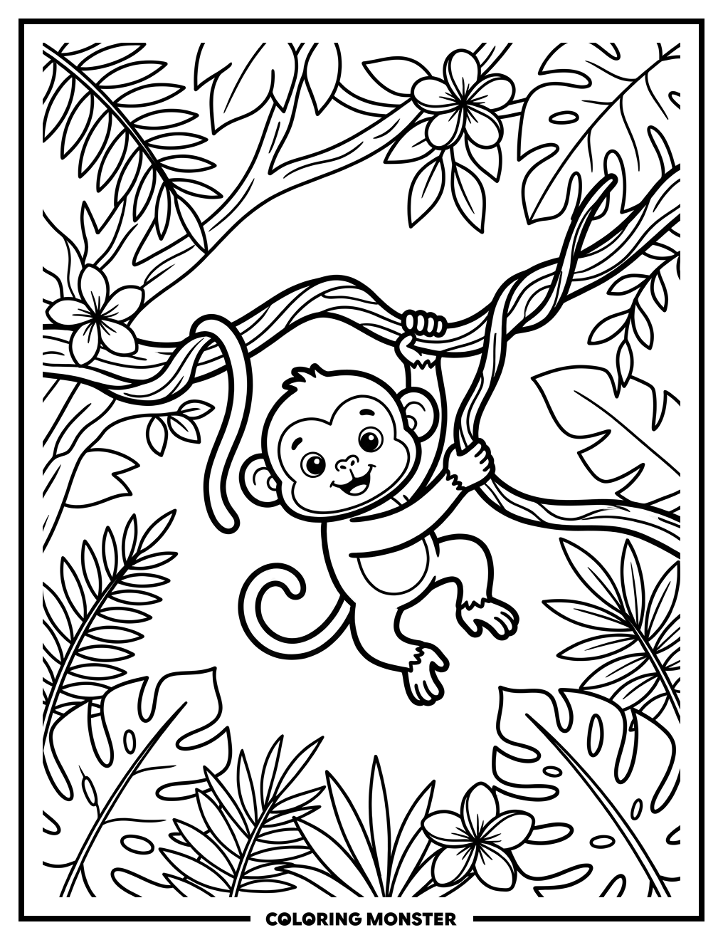 Baby Monkey Swinging on a Vine Coloring Page
