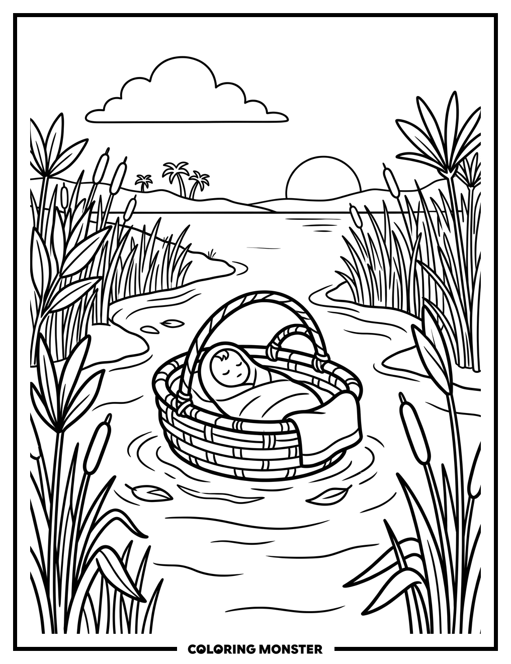 Baby Moses in a Basket Boat Coloring Page