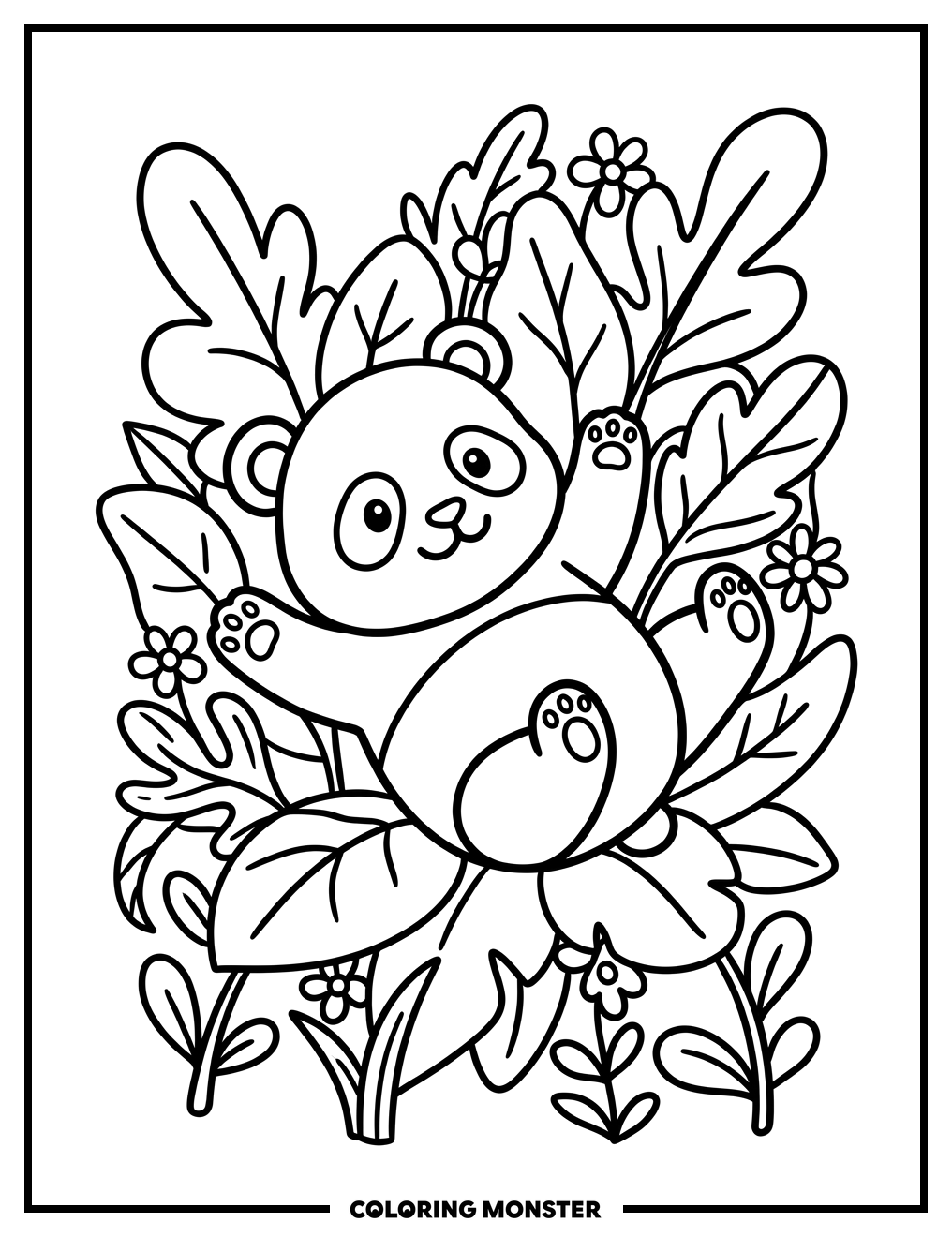 Baby Panda Among Leaves and Flowers Coloring Page