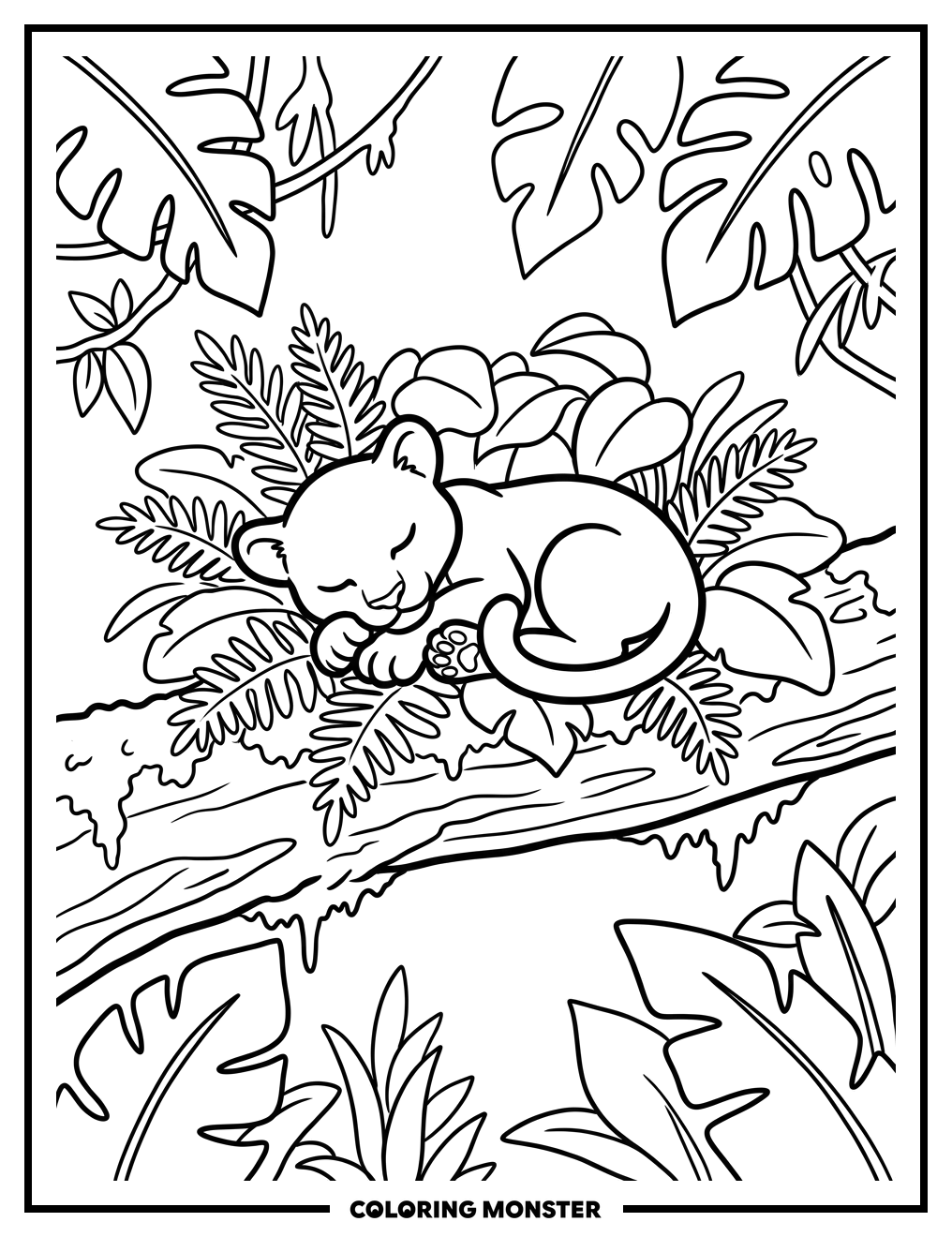 Baby Panther Sleeping on Branch Coloring Page