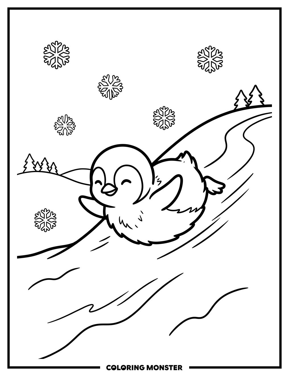 Baby Penguin Sliding Down Snowy Hill Coloring Page