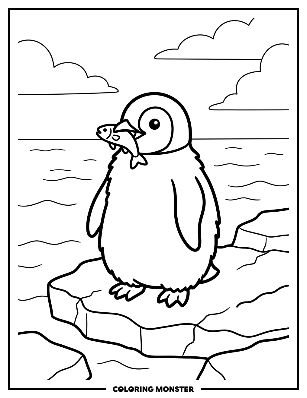 Baby Penguin With Fish Coloring Page
