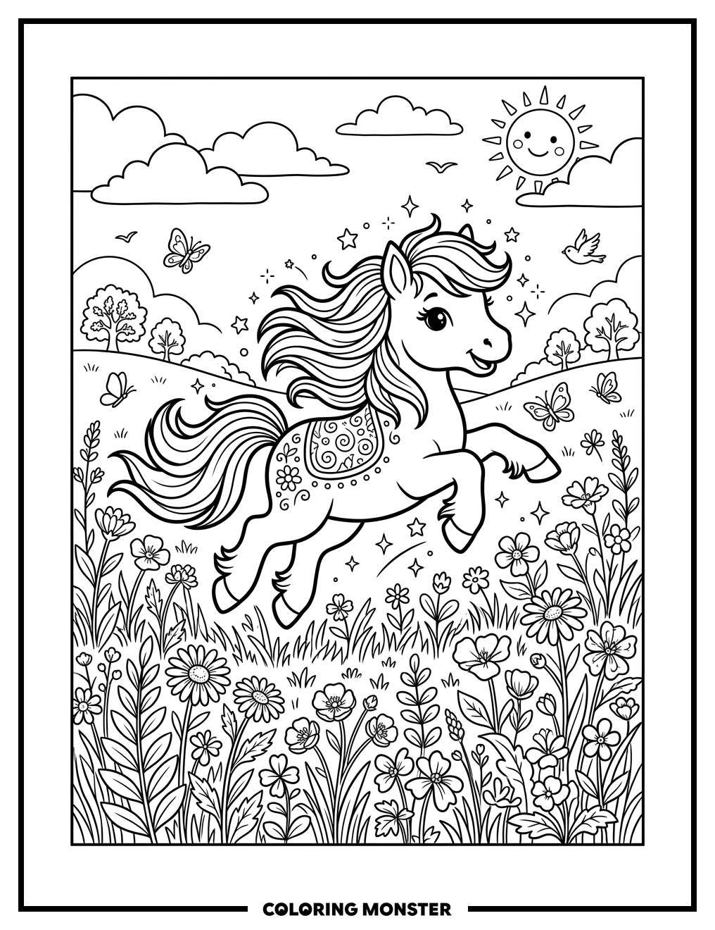 Baby Pony Leaping in a Wildflower Meadow Coloring Page