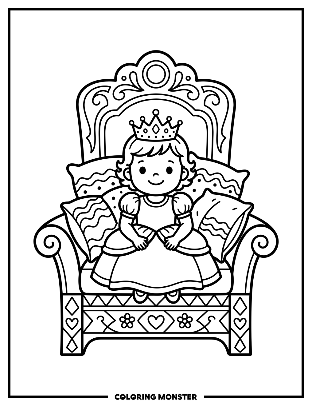 Baby Princess on Ornate Throne Coloring Page